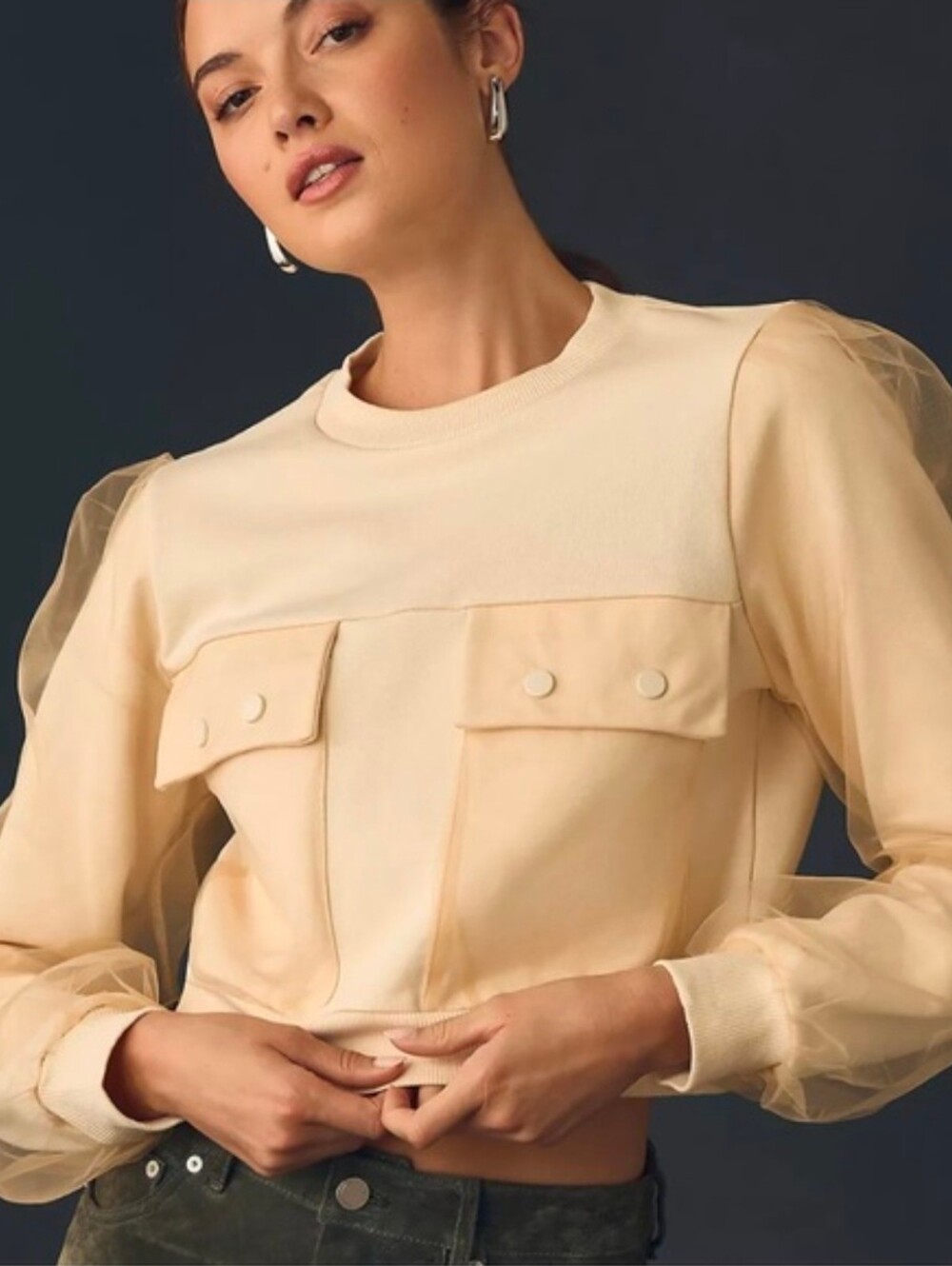 Sheer-Sleeve Cropped Pullover in Camel Size 2x